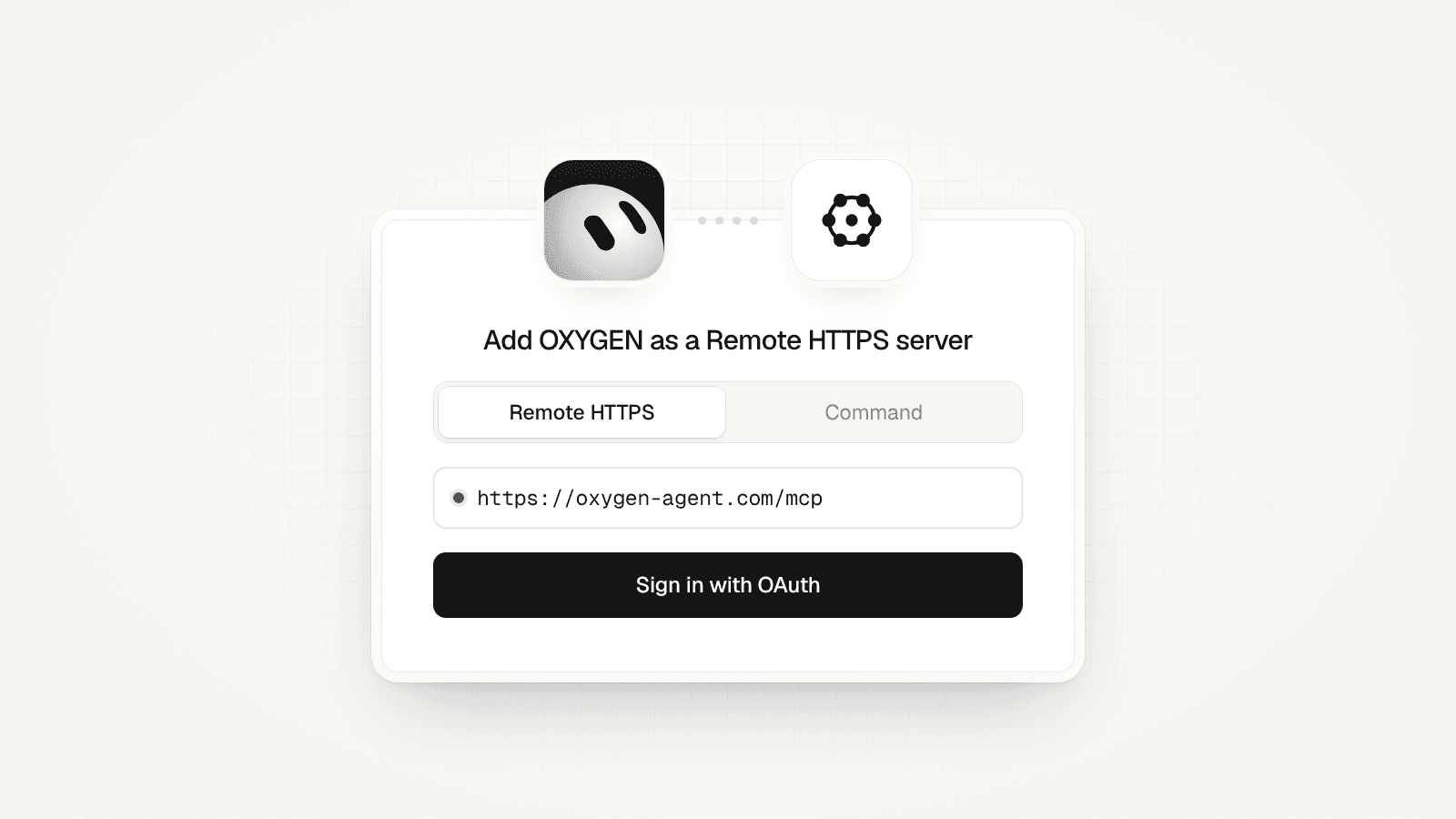 A connect card with the Grok Bot mark linked to the OXYGEN mark: Remote HTTPS, https://oxygen-gotomarket.com/mcp, and Sign in with OAuth.